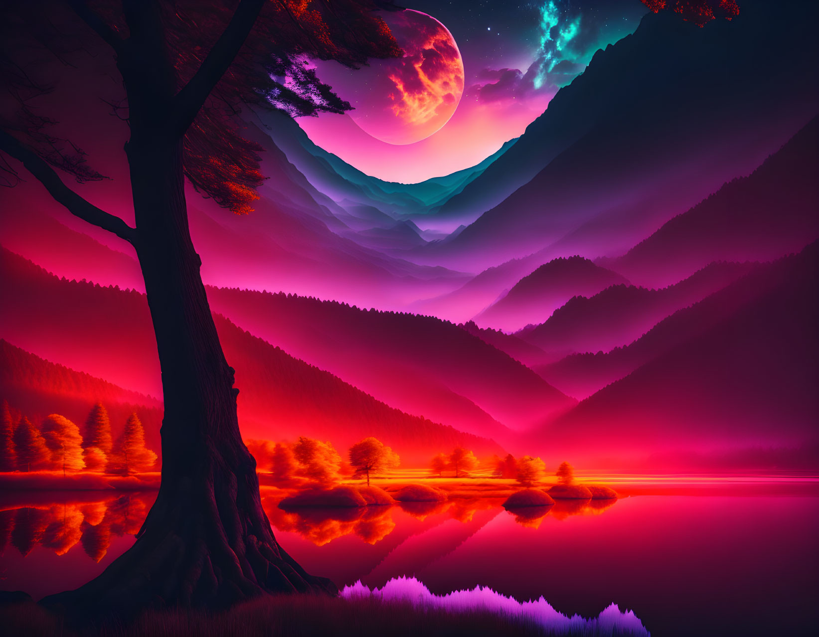 Surreal digital artwork: magenta lake, purple mountains, pink moon