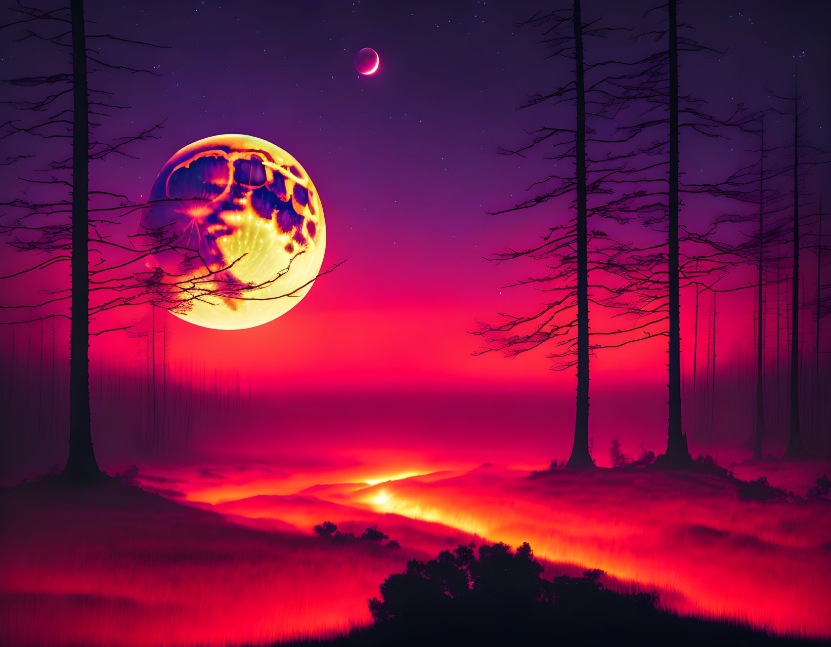 Surreal landscape with moon, celestial body, trees, red ground, purple sky