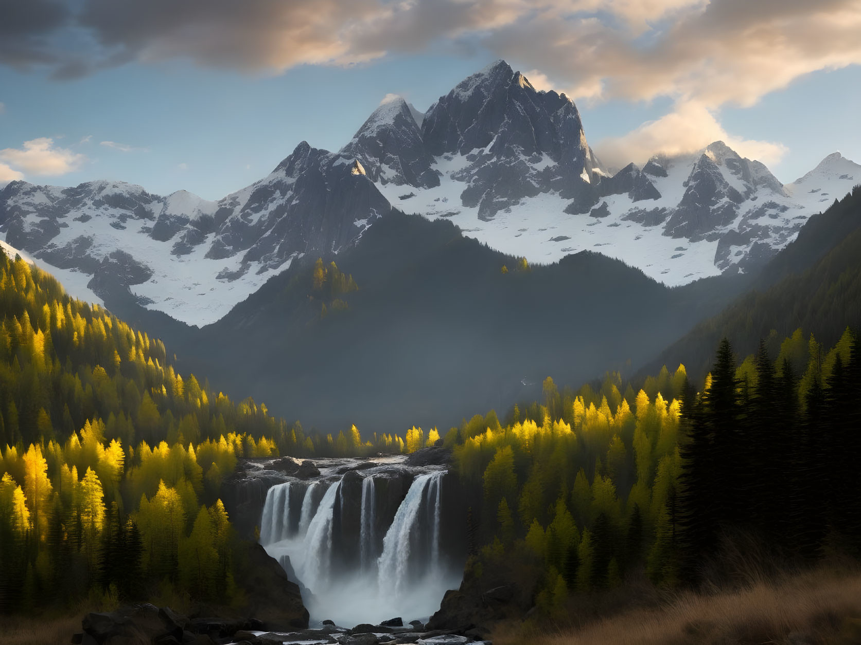 Snowy Peaks Towering Over Forest with Waterfall