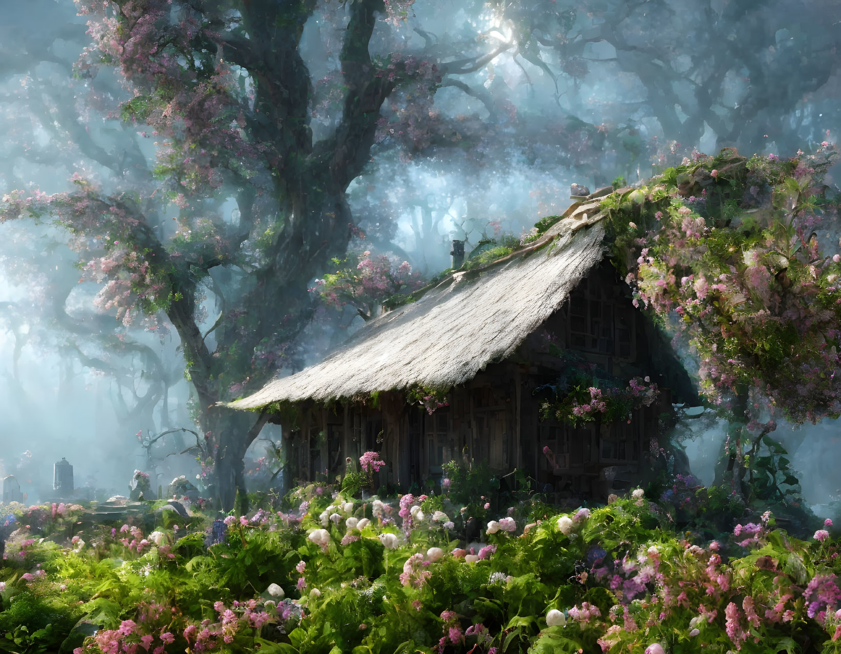 Thatched Roof Cottage in Misty Forest with Pink Flowers