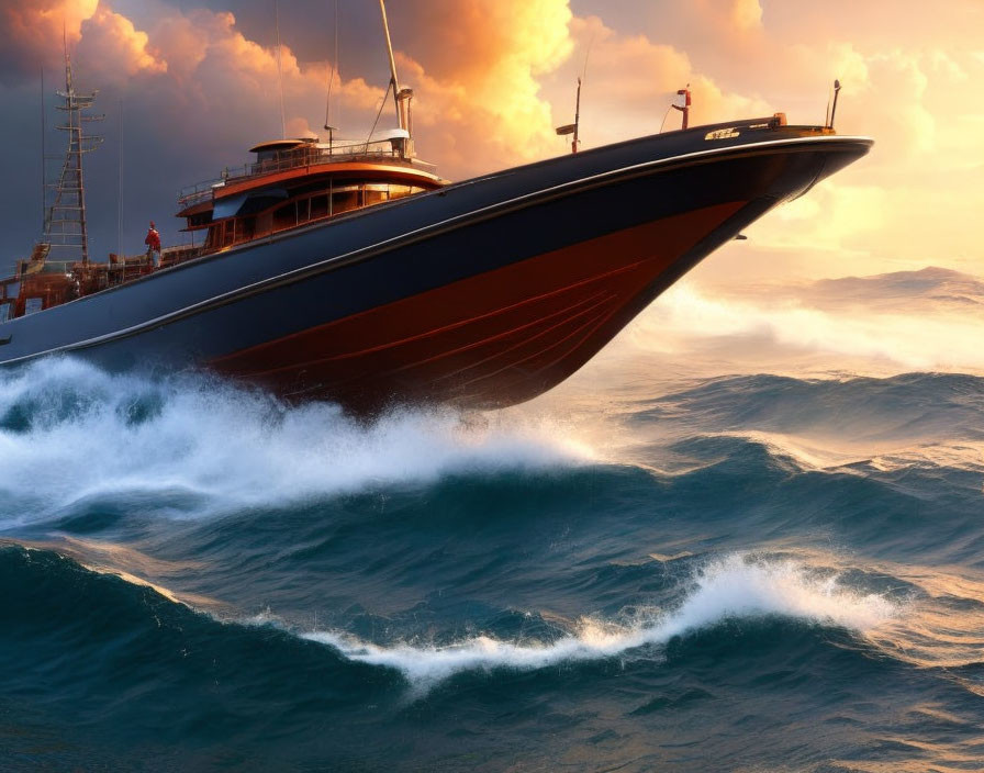 Luxurious yacht navigating turbulent sea under fiery sunset.