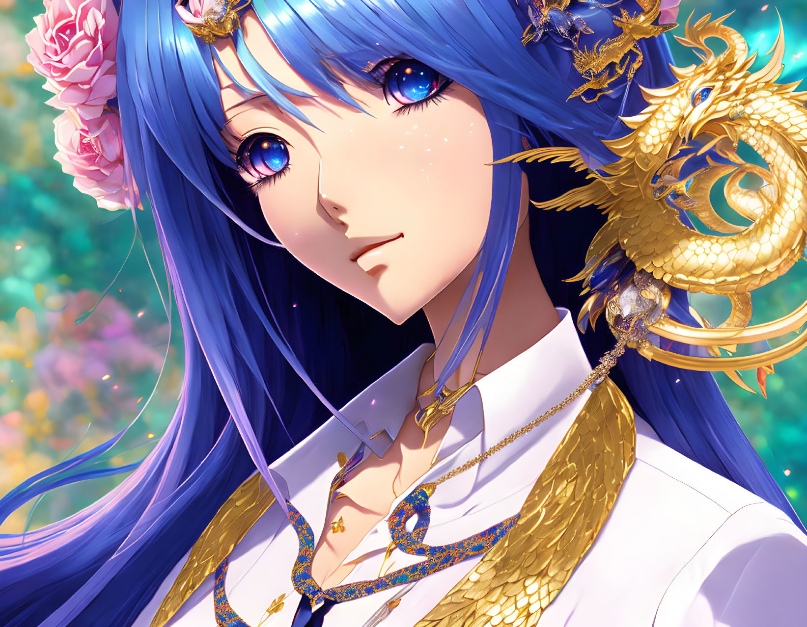 Character with Bright Blue Hair and Eyes in Dragon-themed Jewelry on Colorful Background