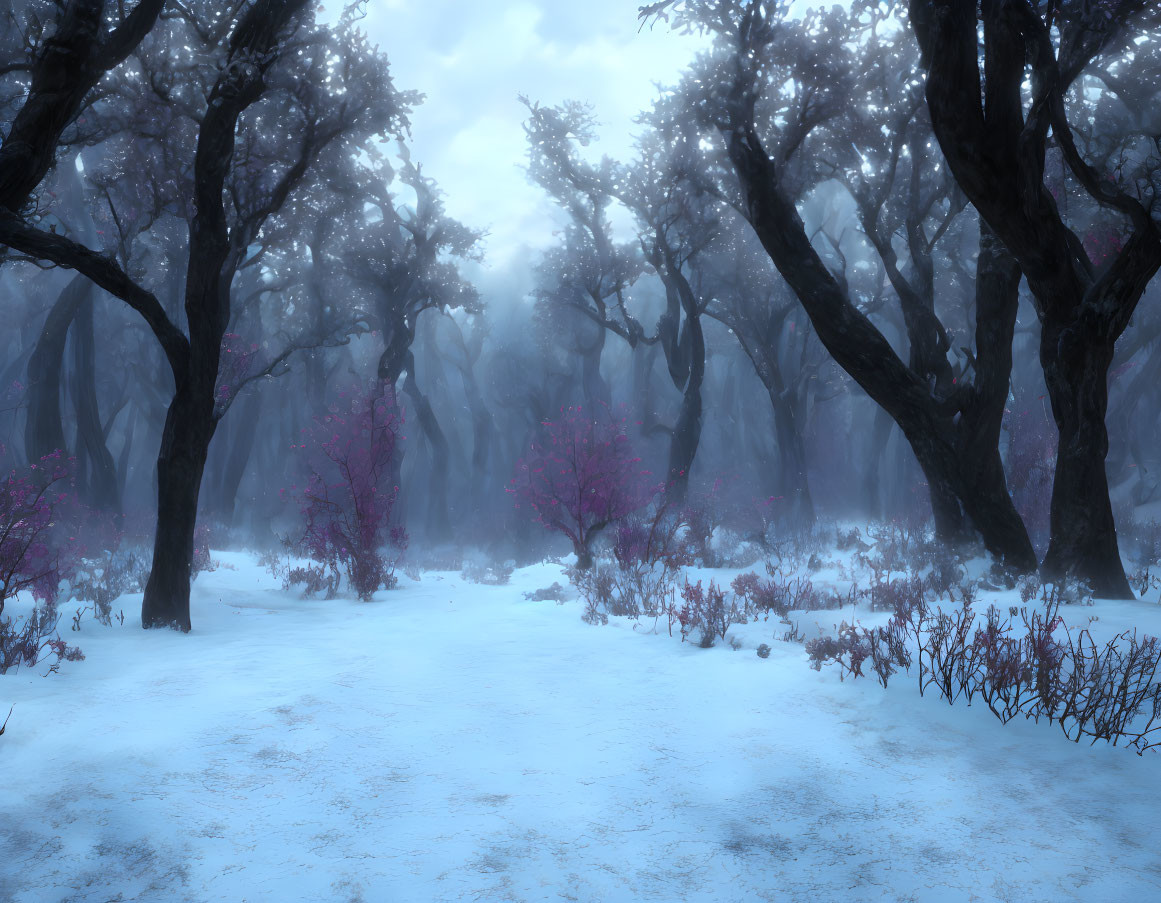 Snowy Forest Landscape with Pink Blossoming Trees in Misty Blue Sky