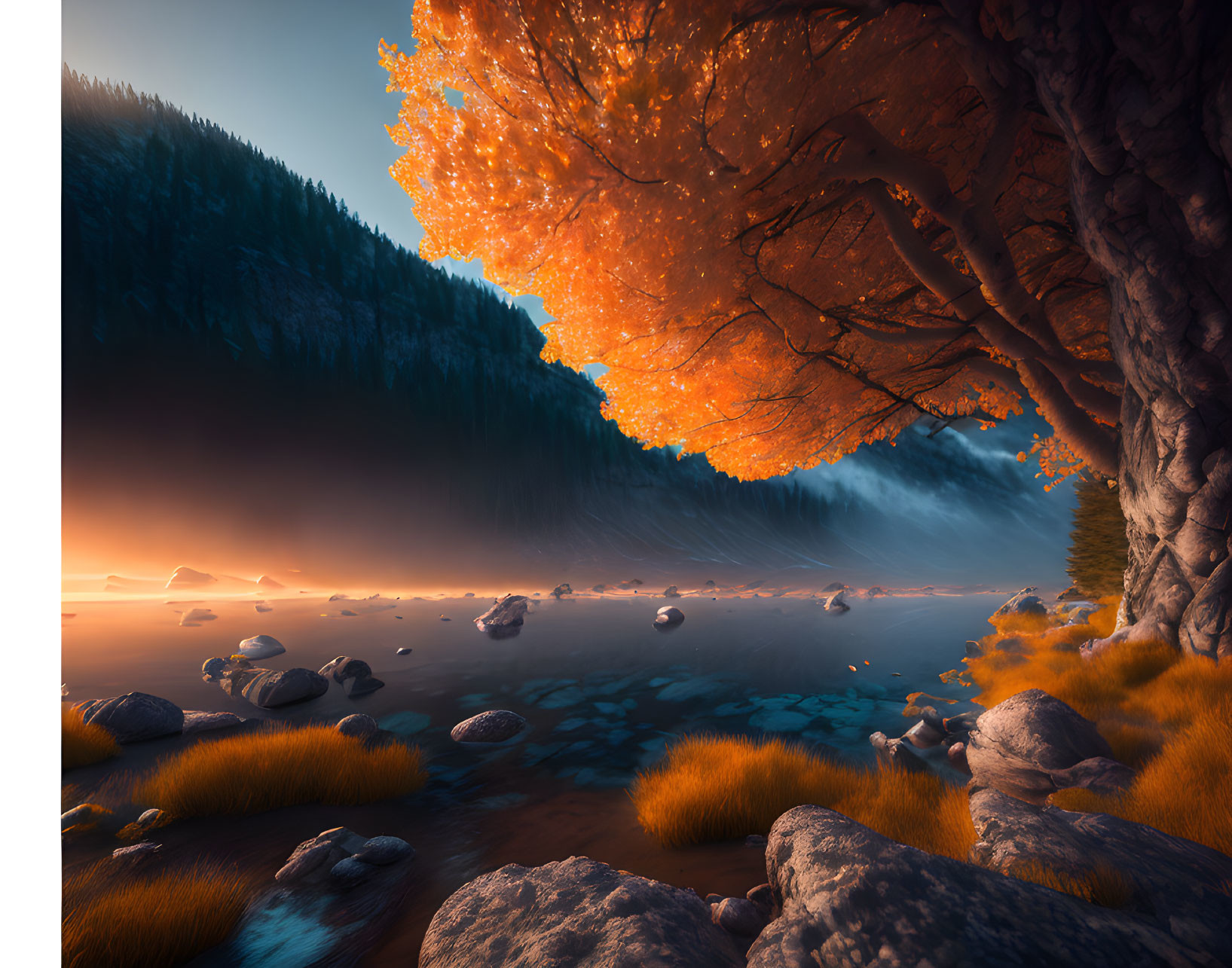 Scenic autumn forest by misty lake at sunrise or sunset