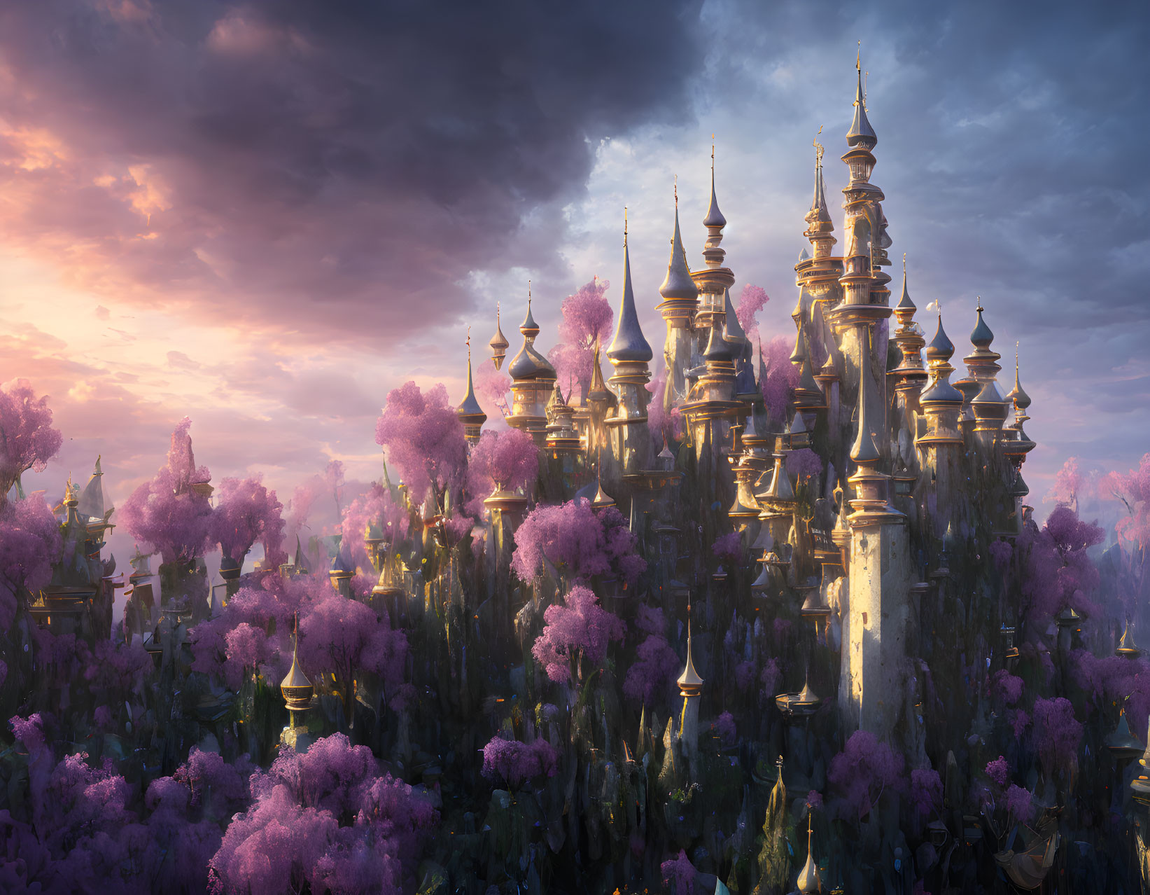 Mystical city with golden spires and purple flowering trees at sunset