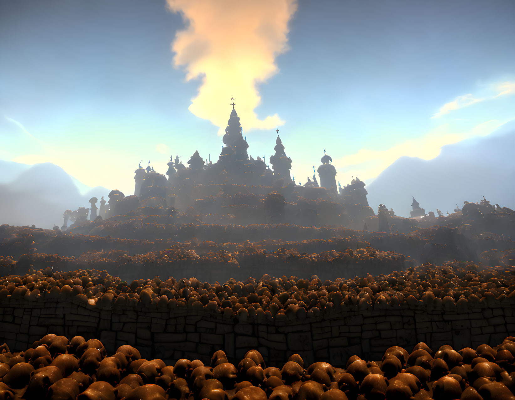 Castle-like structure with spires in warm glow, surrounded by pumpkins