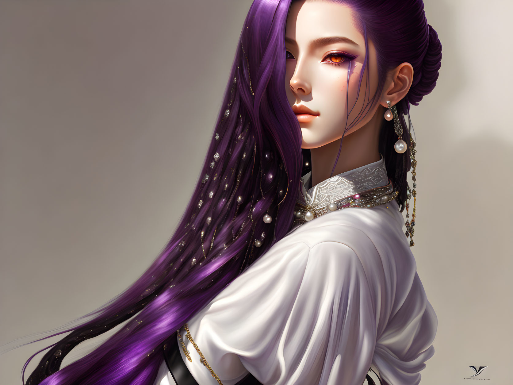 Digital artwork: Woman with long purple hair, yellow eyes, silver earrings, white blouse