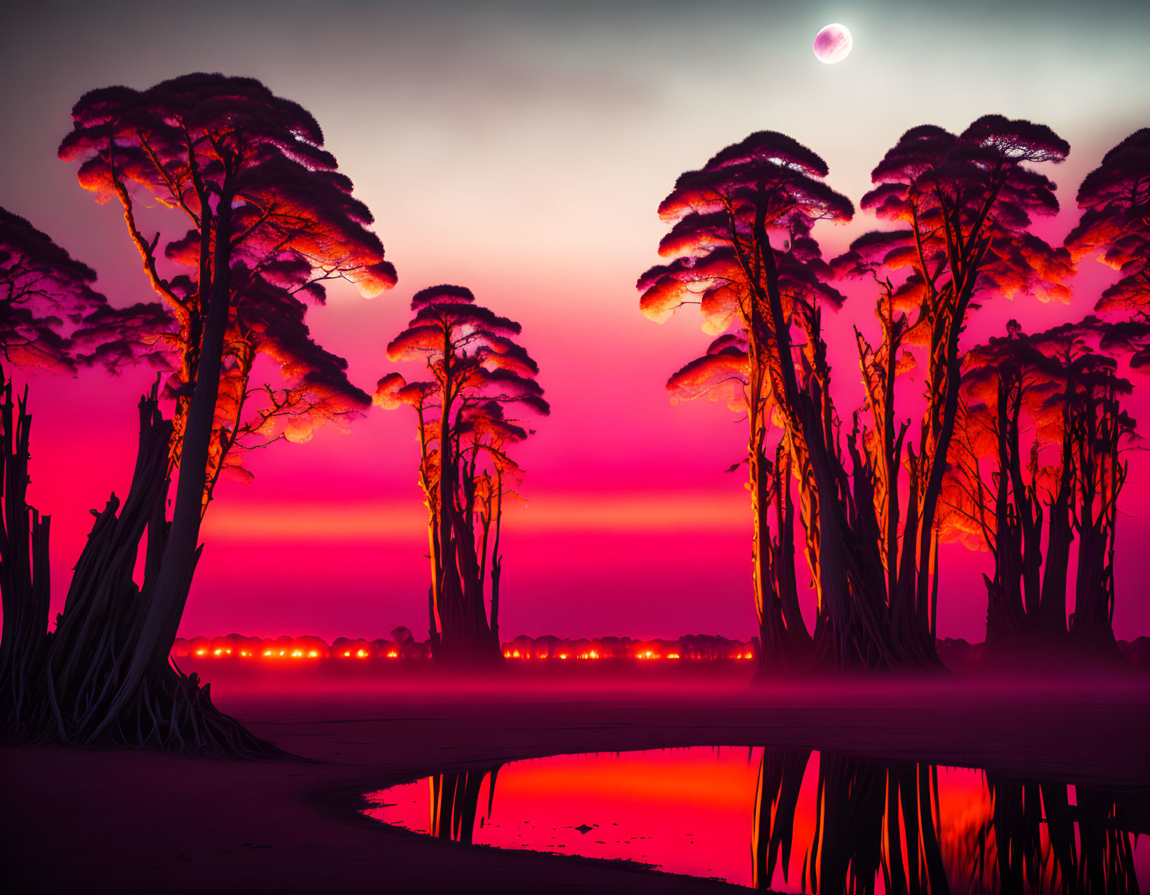 Colorful landscape with tall tree silhouettes, glowing moon, and calm water reflection