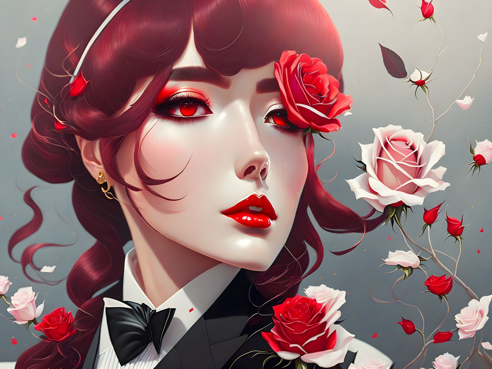 Stylized portrait of a woman with red lipstick and roses, surrounded by petals