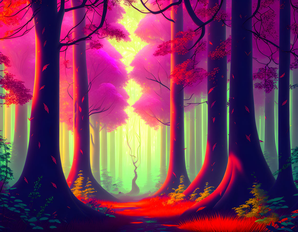 Enchanting forest with pink and purple foliage, vibrant green floor