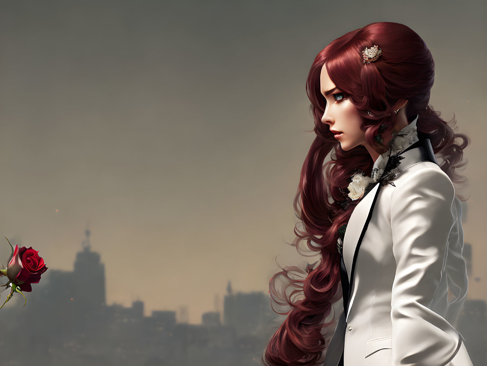 Digital illustration: Woman with long red hair in white tuxedo holding rose, cityscape backdrop