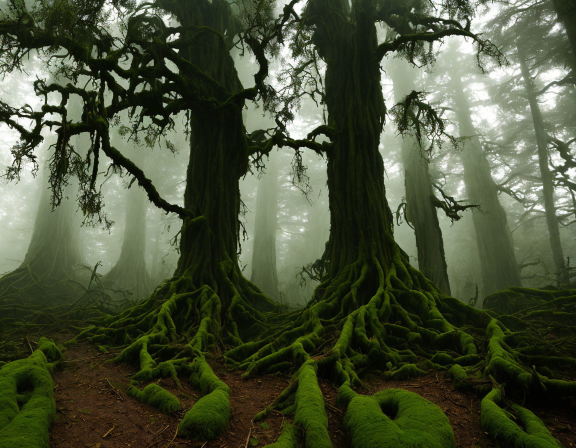 Moss-covered ancient trees in misty forest landscape