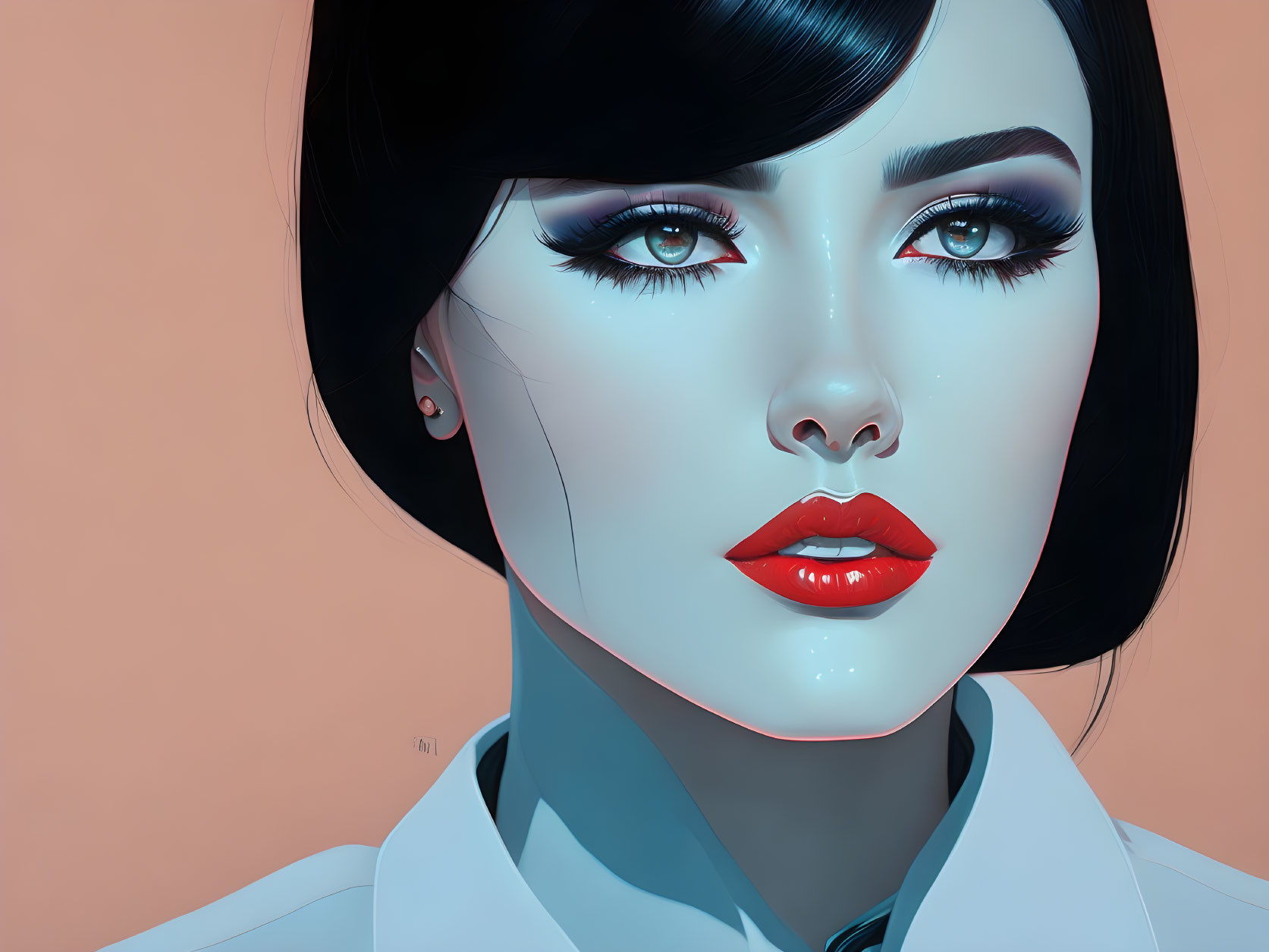 Hyperrealistic illustration of a woman with porcelain skin and red lips on peach background