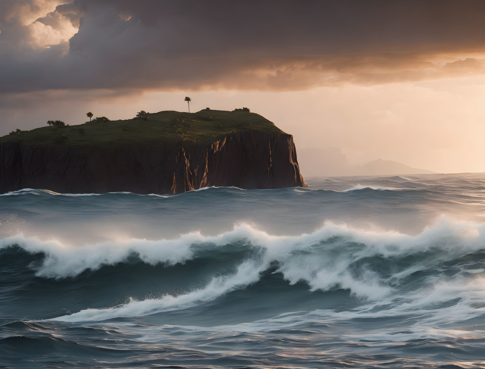 Dramatic cliff lighthouse overlooking turbulent sea waves