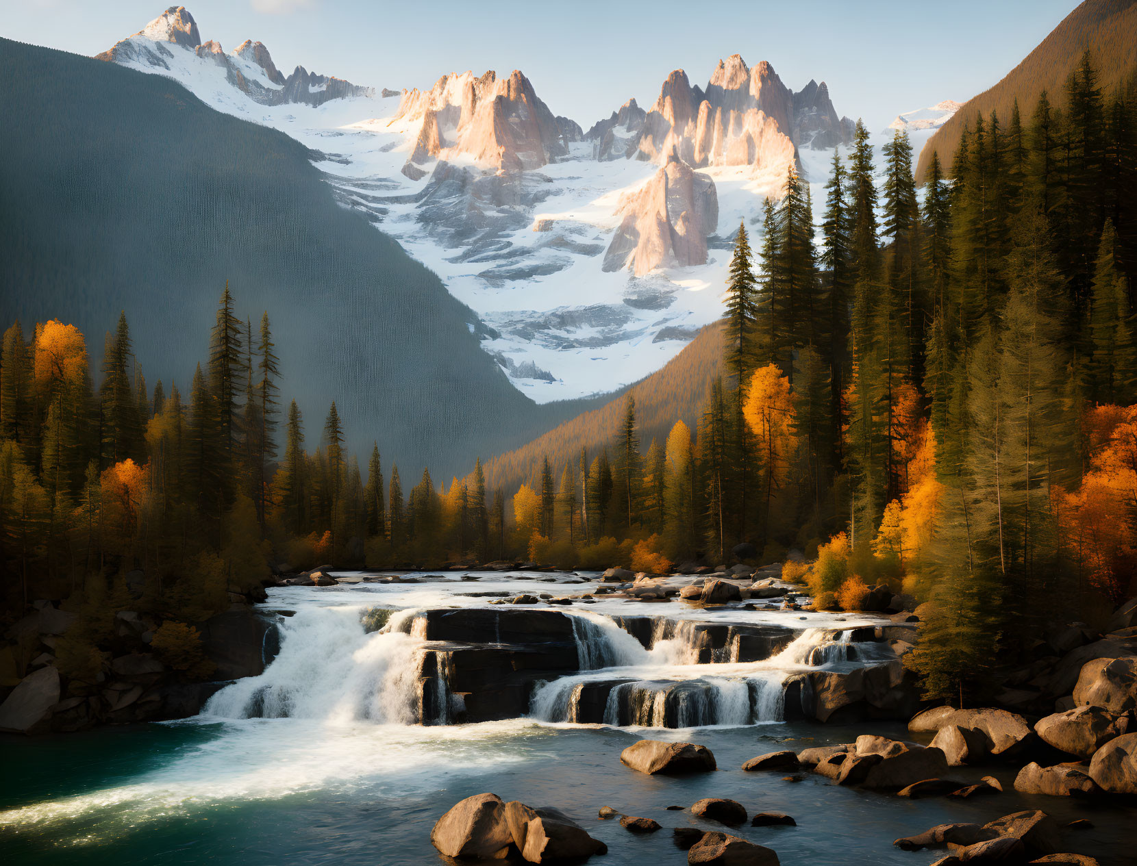 Tranquil forest waterfall with autumn trees and snowy mountains