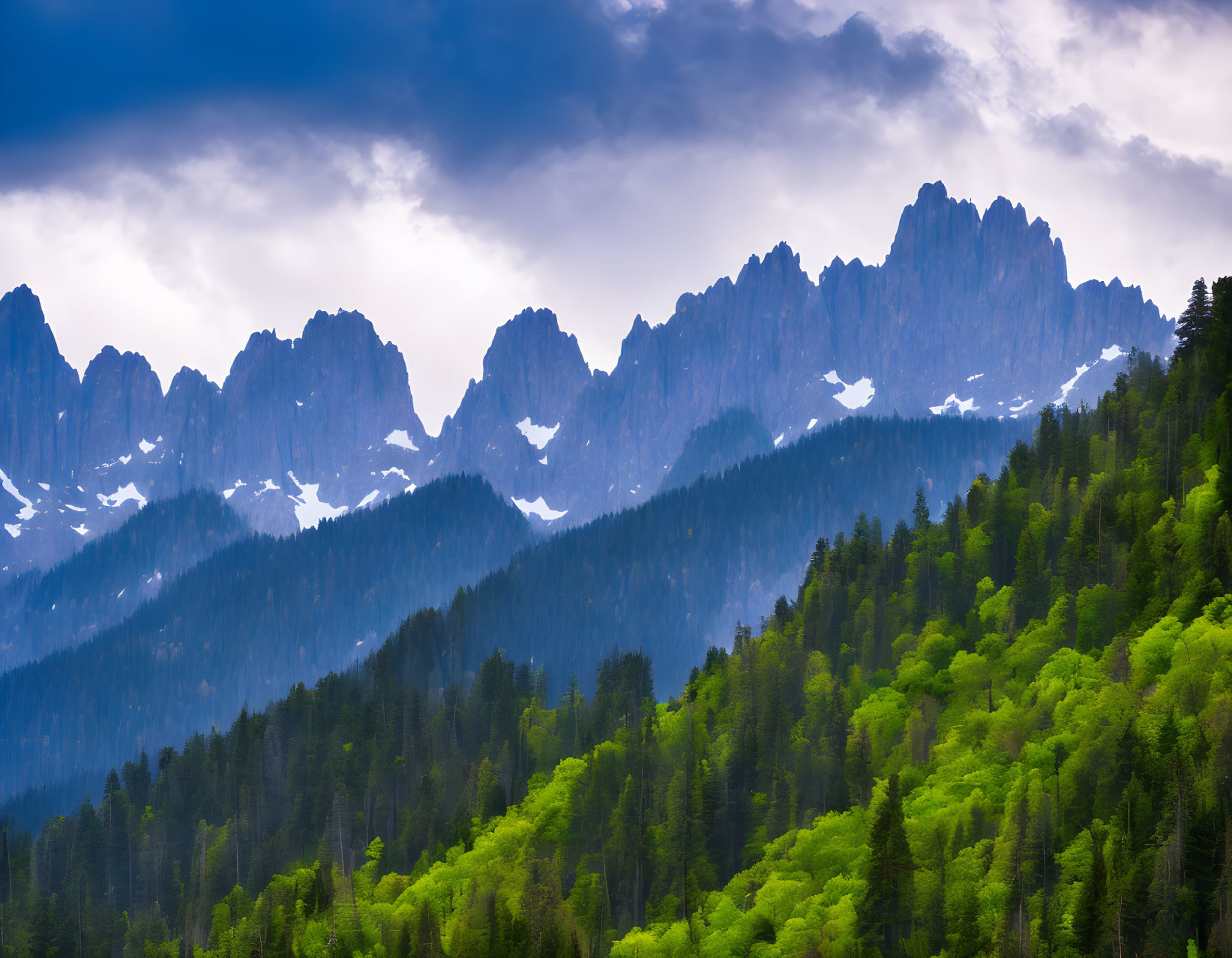 Scenic forest with mountain peaks against cloudy sky