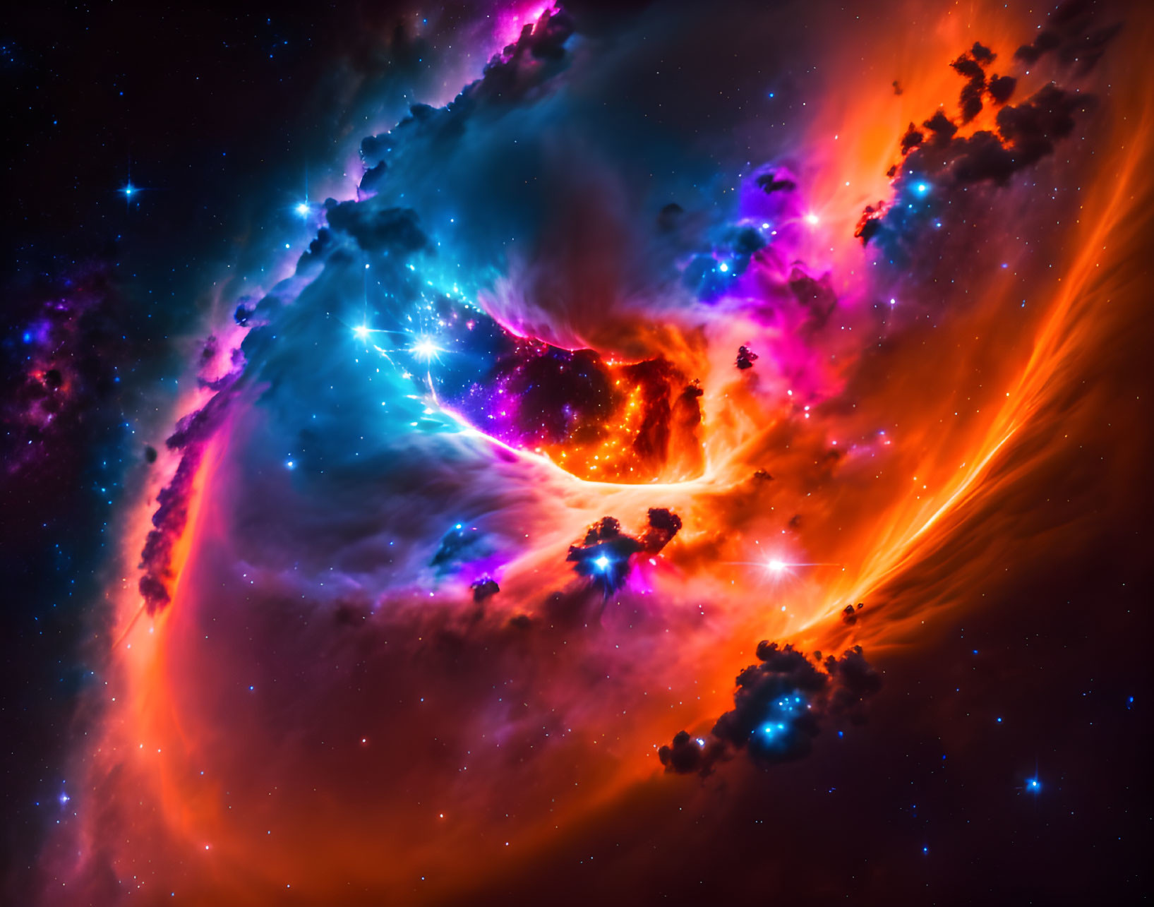 Colorful cosmic scene with blue, orange, and purple hues depicting stars and nebulous formations.