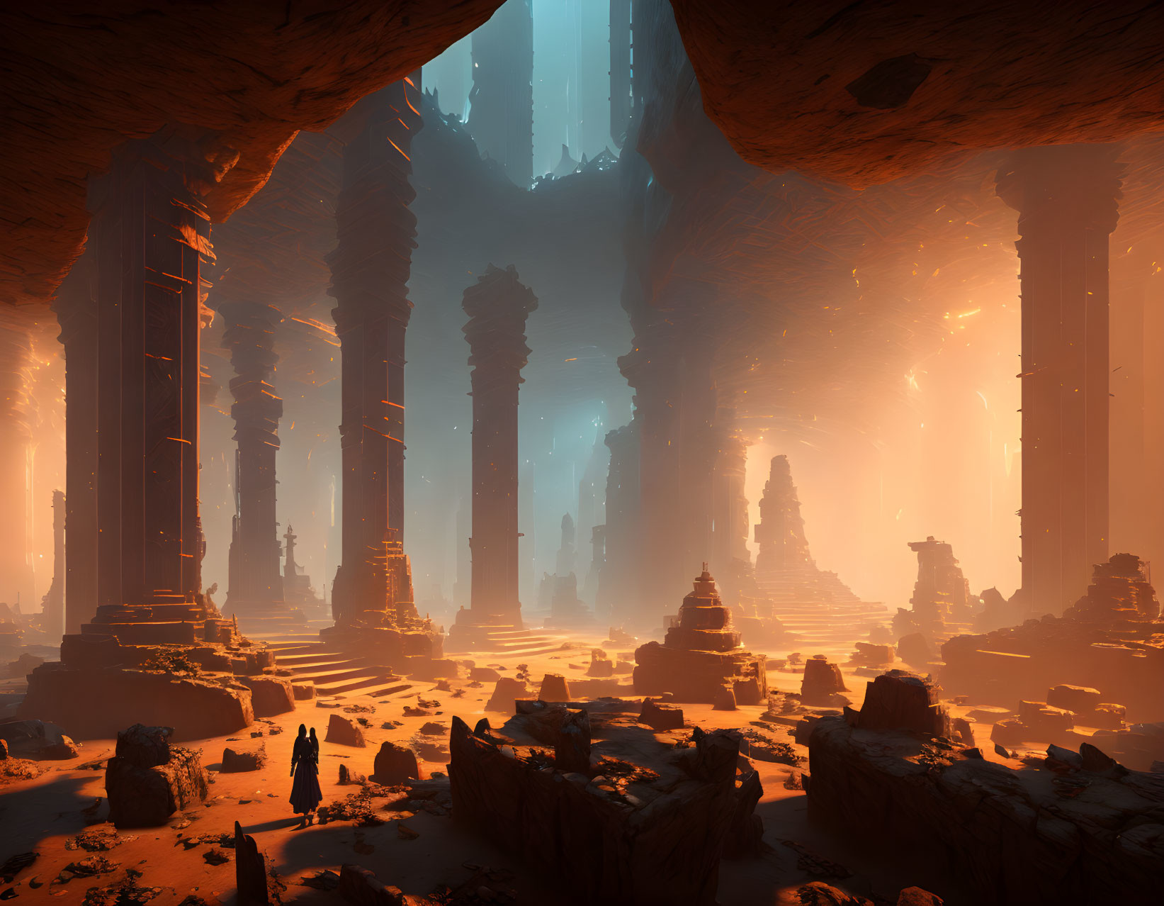 Majestic underground cavern with towering pillars and amber glow