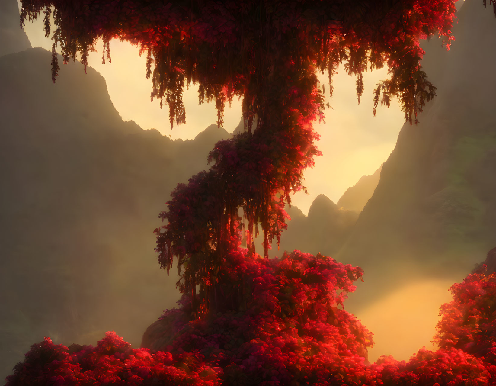 Vibrant red foliage on trees with misty mountain backdrop at sunrise or sunset