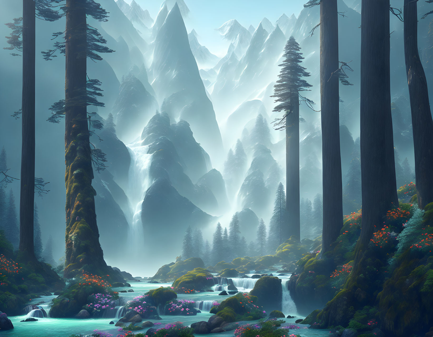 Mystical landscape with snow-capped mountains, forest, river, and wildflowers