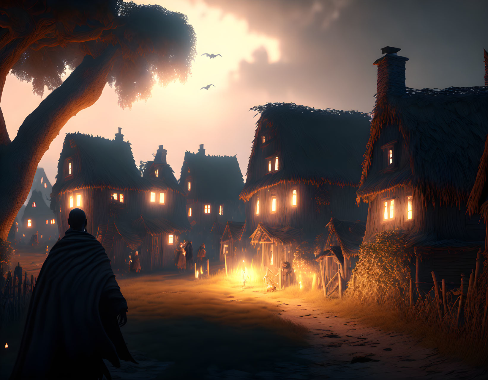 Cloaked Figure in Medieval Village at Dusk