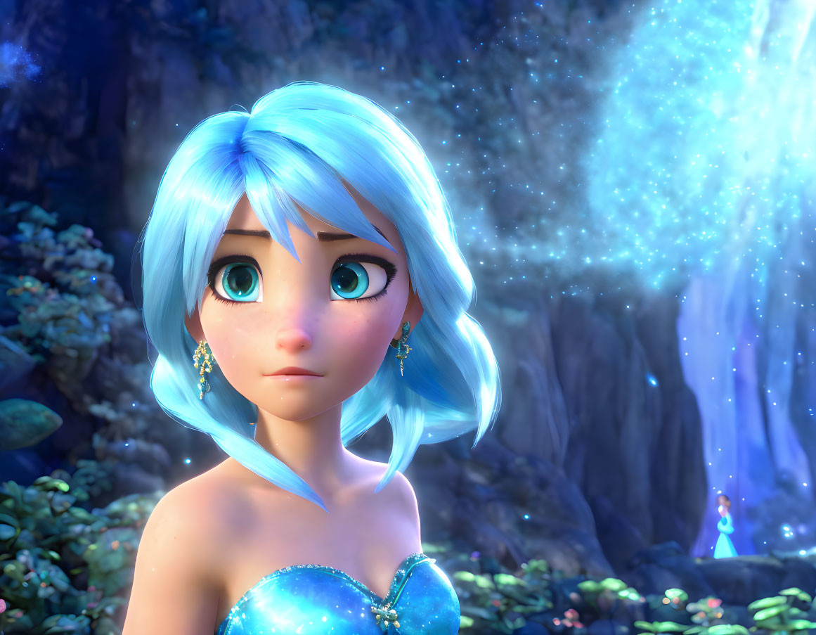 Blue-haired animated character in sparkling dress in forest with mystical glow