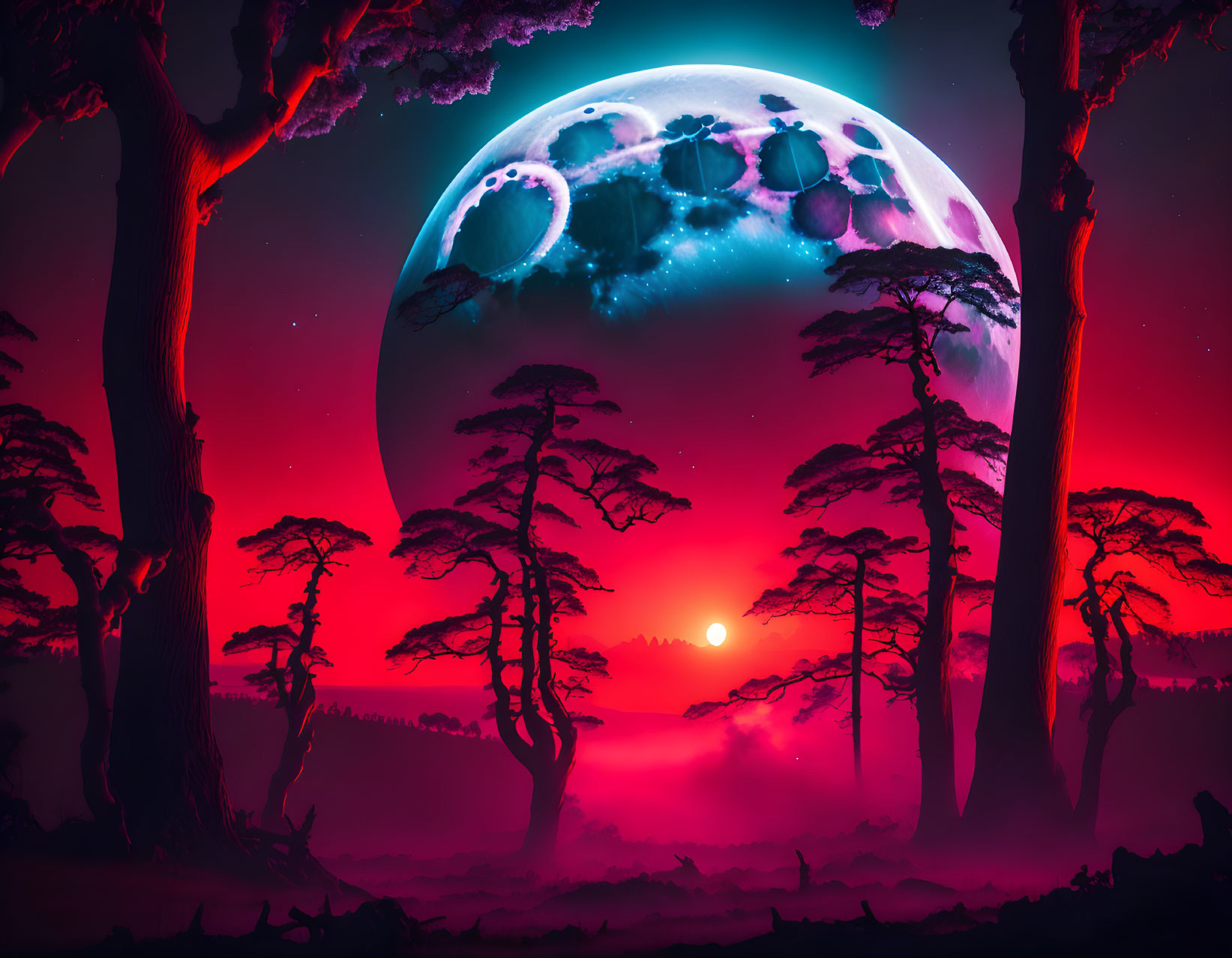 Surreal red forest digital artwork with moon and misty sky