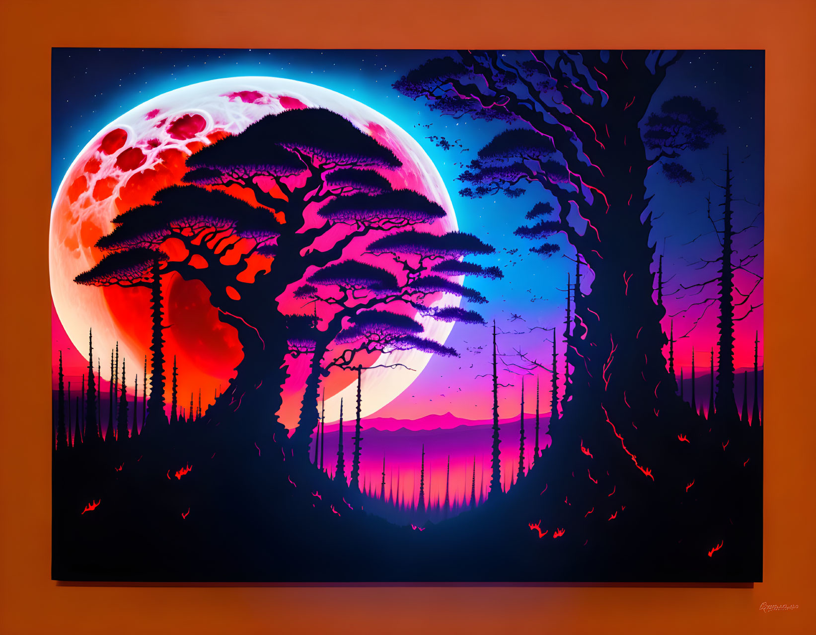 Colorful Sunset Sky with Moon and Silhouetted Trees Artwork