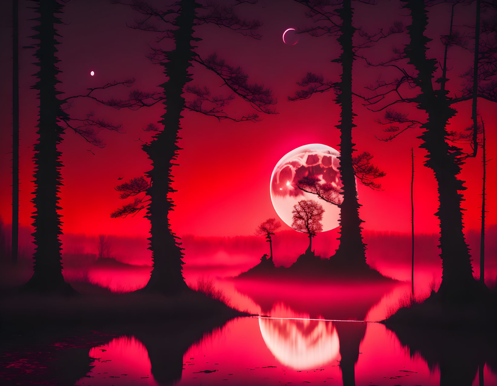 Surreal landscape with pinkish-red moon, silhouetted trees, and tranquil lake