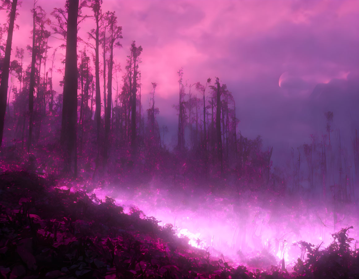 Purple fog envelops bare forest trees against pink sky: ethereal landscape.