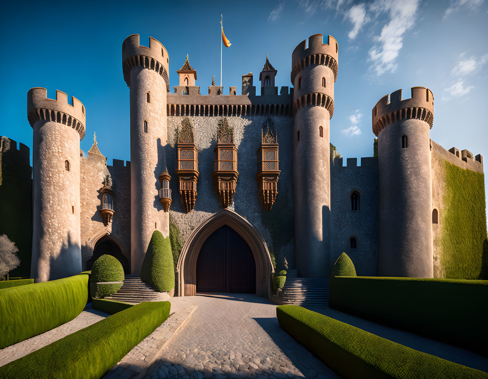 Majestic castle with multiple towers and symmetrical topiary