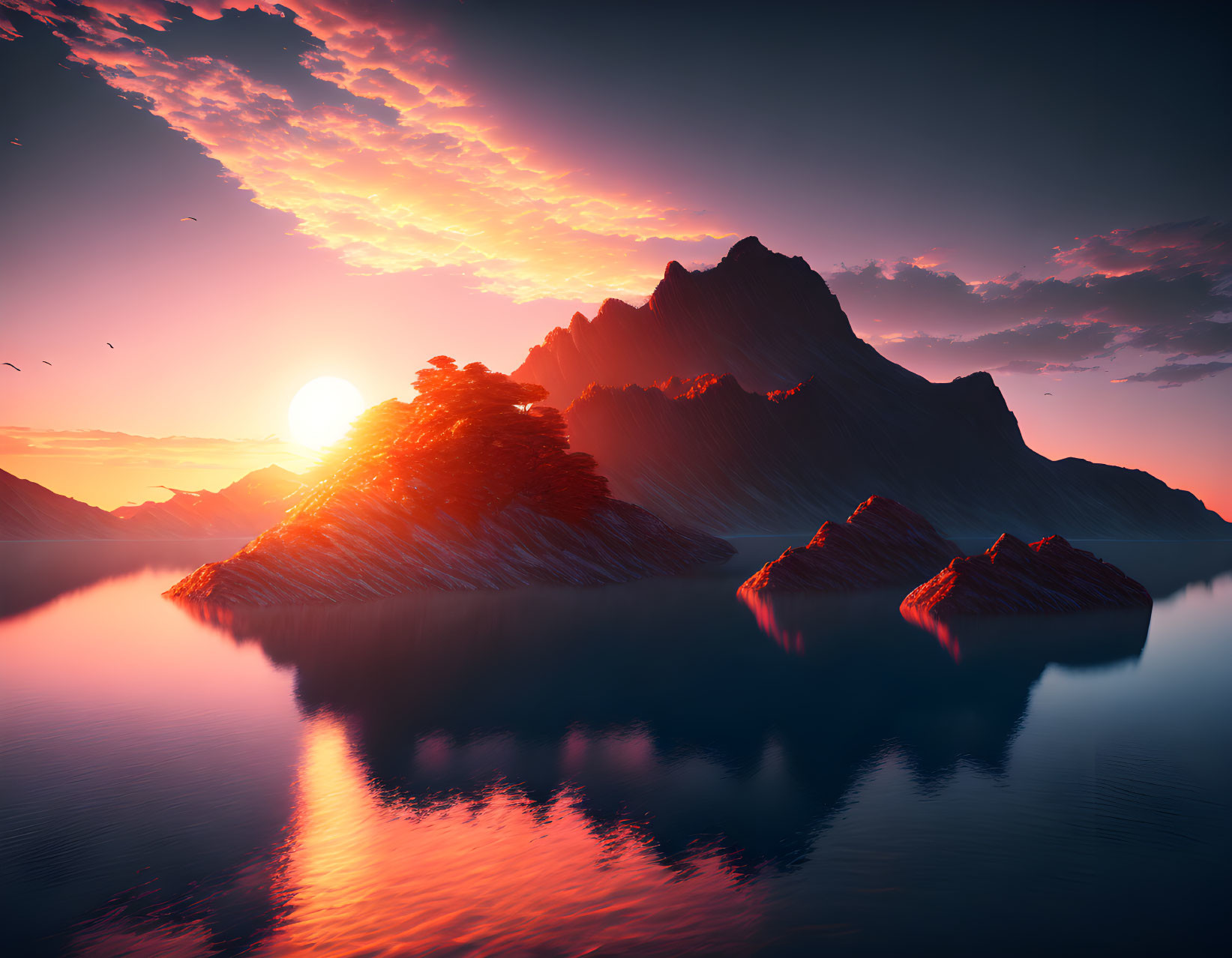 Tranquil sunset over rugged mountains and serene water surface