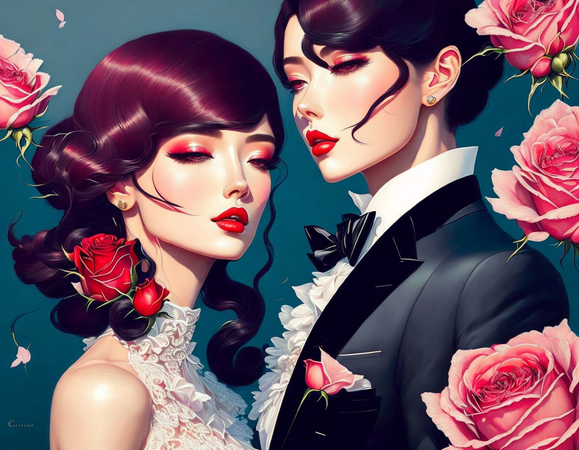 Stylized women in bridal gown and tuxedo with roses in romantic art style