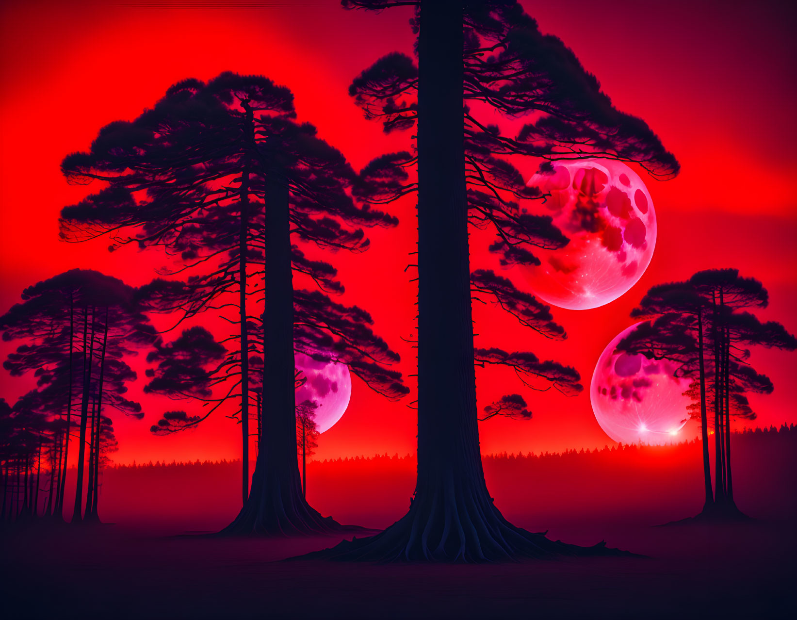 Surreal red landscape with pine trees, moons, and glowing mist