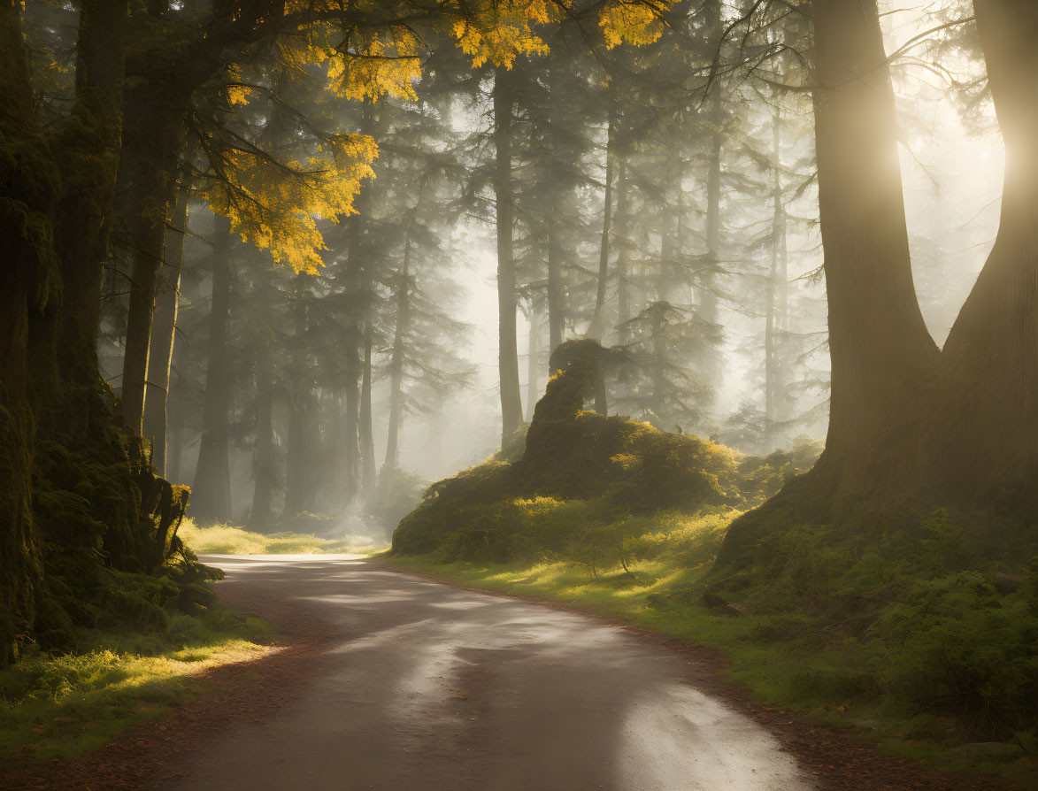 Sunlit Forest Path with Autumn Foliage and Misty Road