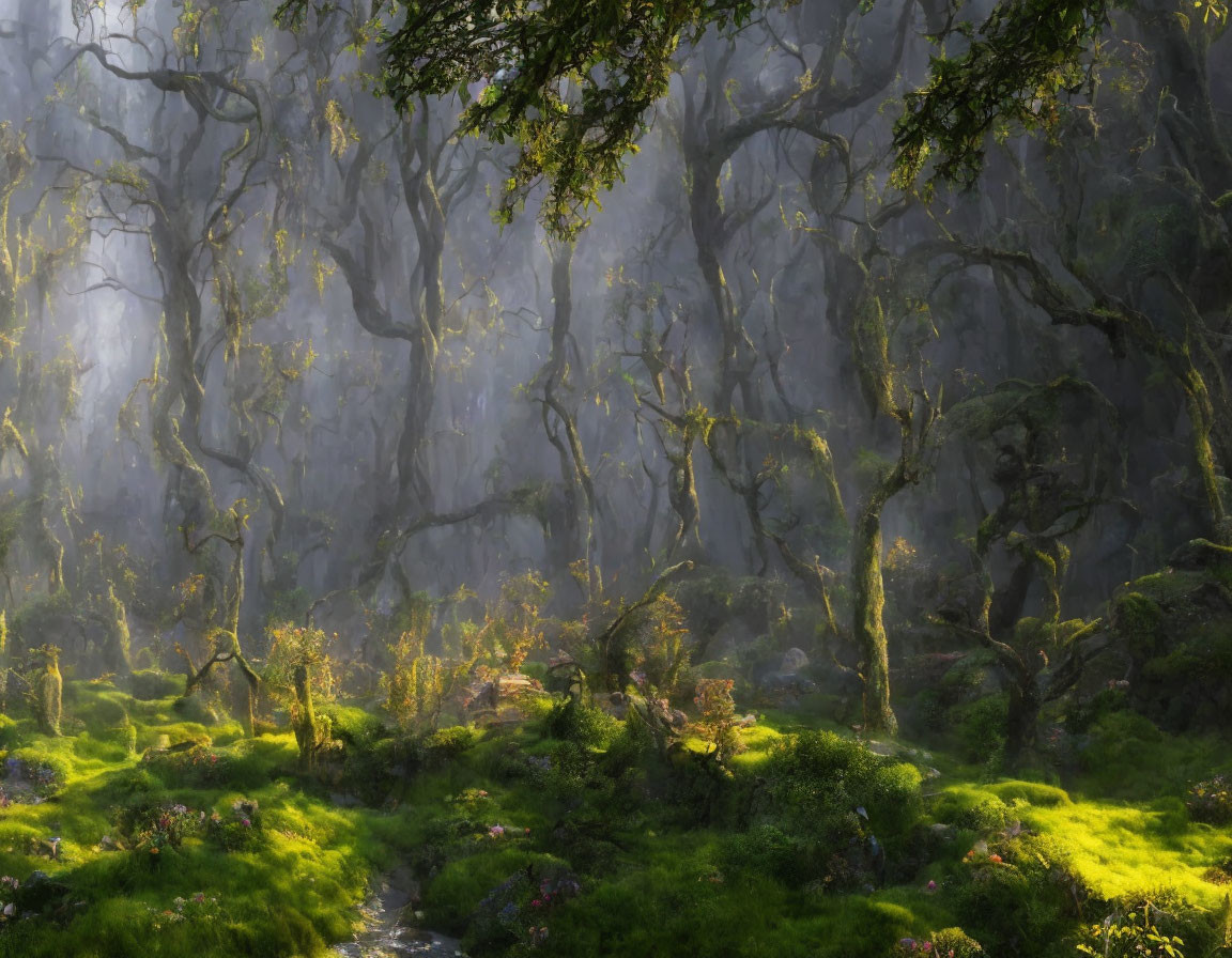 Enchanting forest scene with sunlight, moss-covered trees, green undergrowth, and a flowing stream