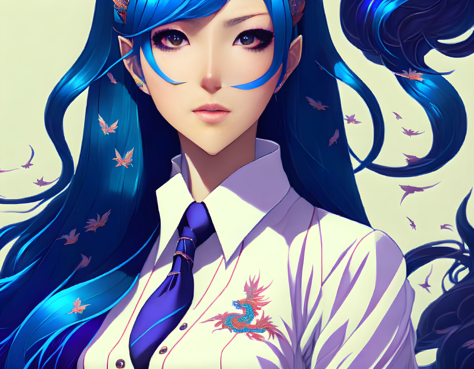 Blue-haired character with face markings in white shirt and tie, surrounded by butterflies