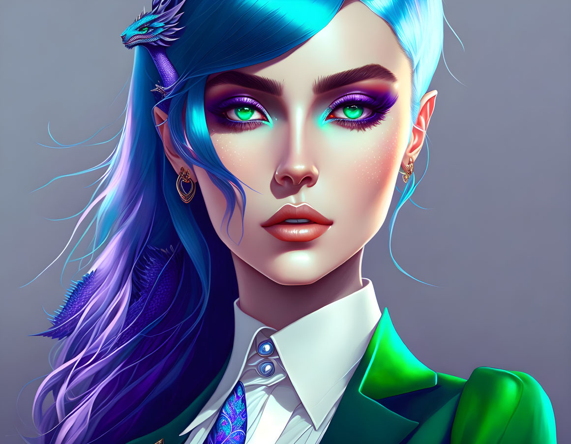 Digital illustration of female with blue skin, pointed ears, purple eyes, blue hair in braid,