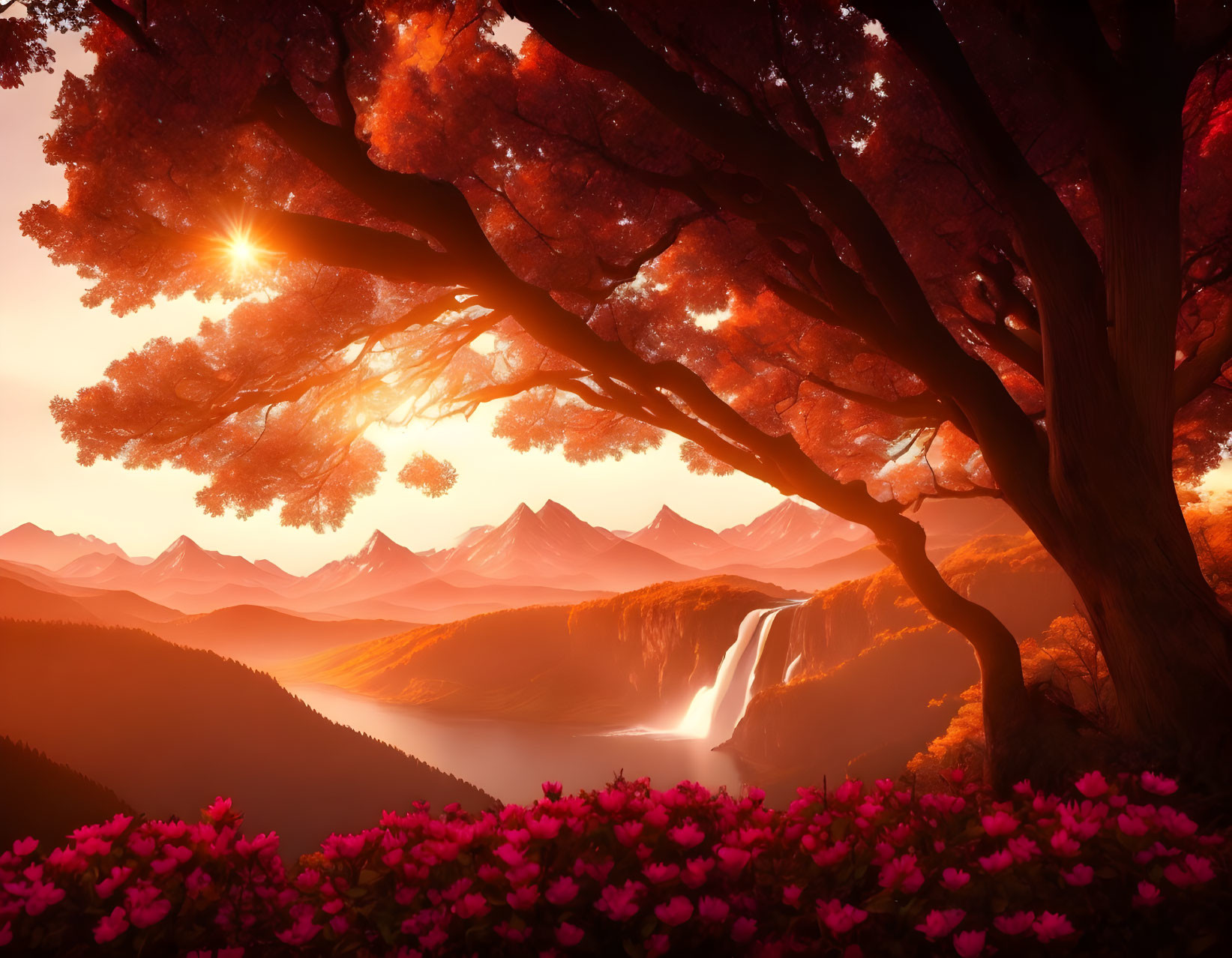 Vibrant landscape at sunset with waterfall, mountains, and blooming trees