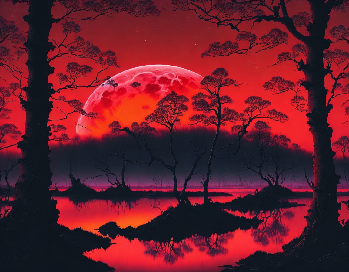 Vivid red moonscape with silhouetted trees reflected in water