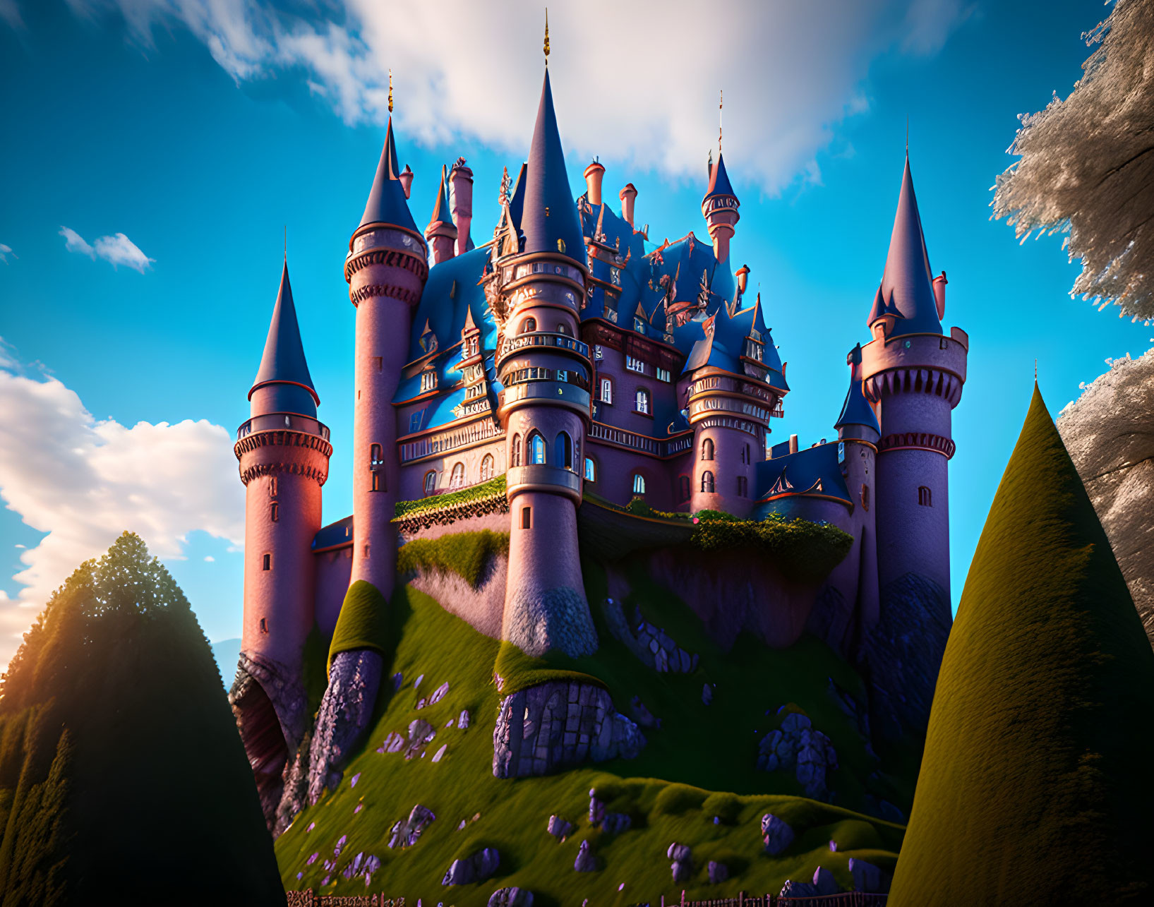 Majestic fairytale castle with spires and towers under blue sky