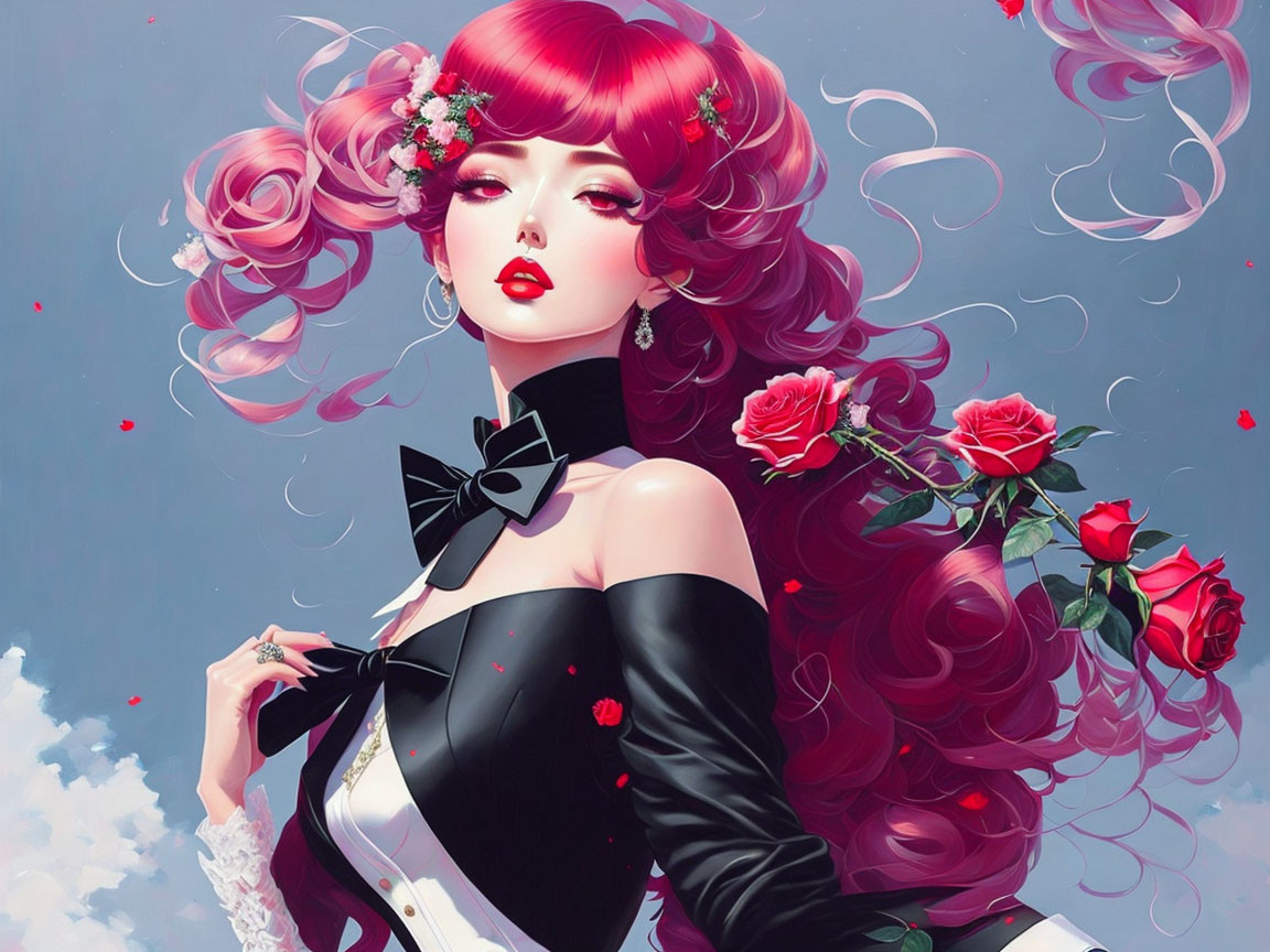 Woman with Pink Hair in Black Dress and Flowers Illustration