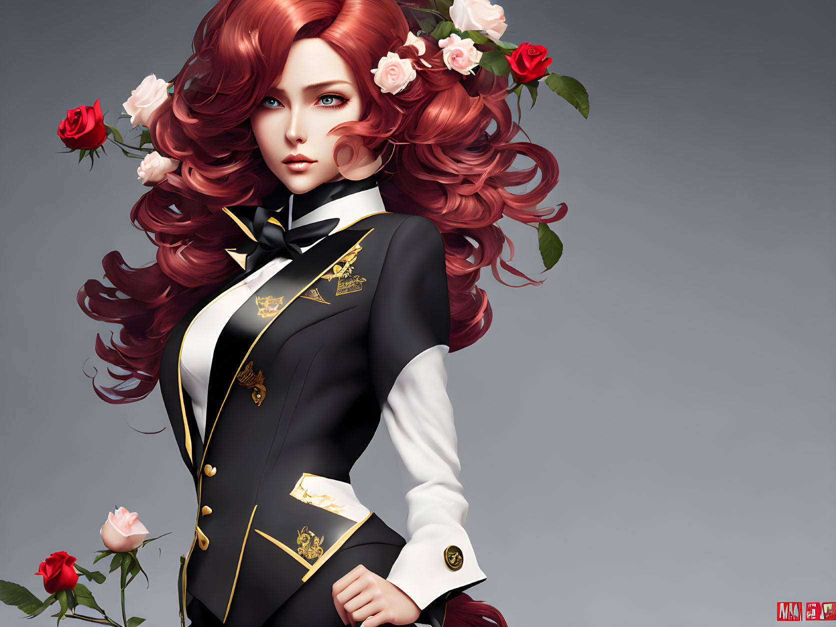 Digital Artwork: Woman with Red Hair in Black and White Uniform