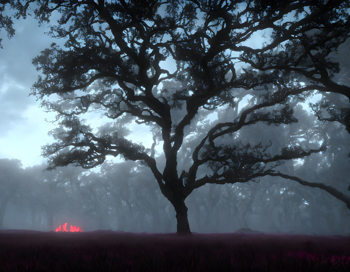 Majestic oak tree in misty forest with crimson glow and purple foliage