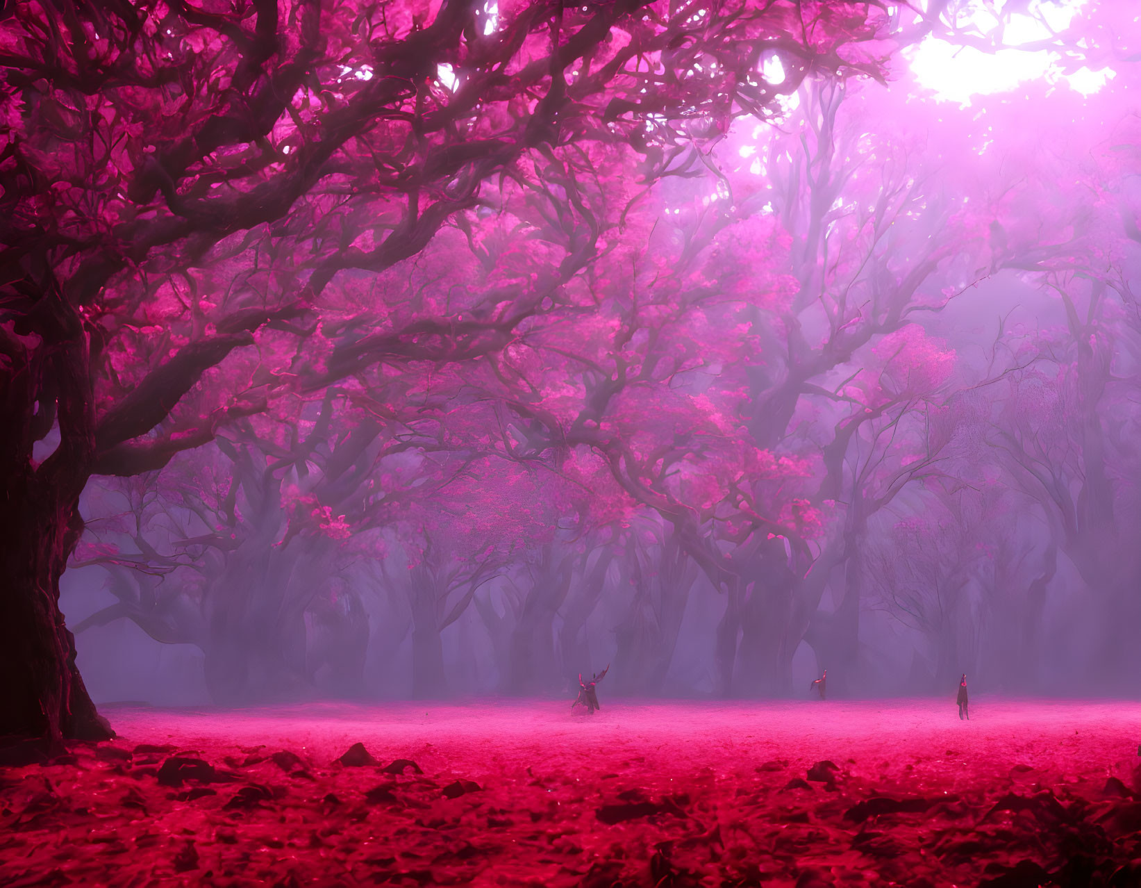 Mystical Pink Forest with Vibrant Foliage and Silhouettes