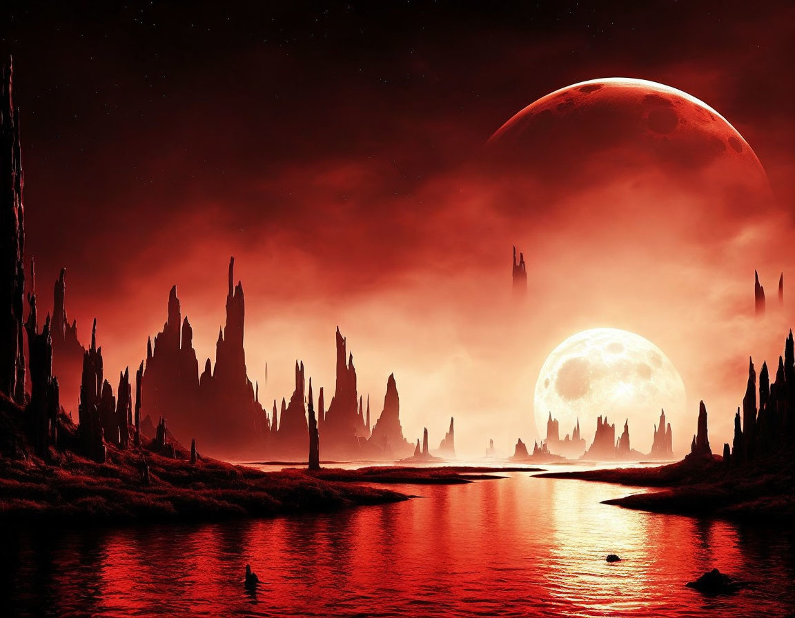 Surreal red landscape with towering spires, reflective water, large moon