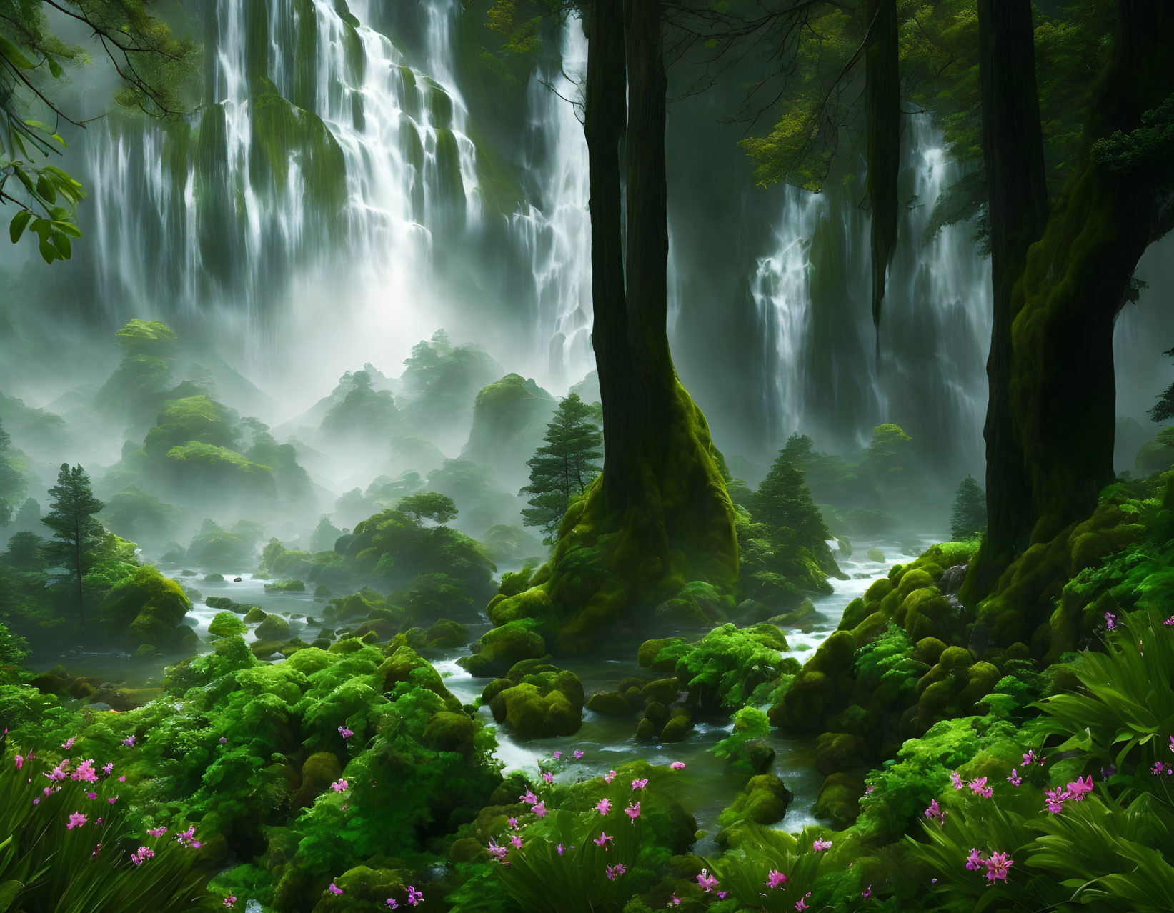 Majestic waterfall in lush green forest with pink flowers