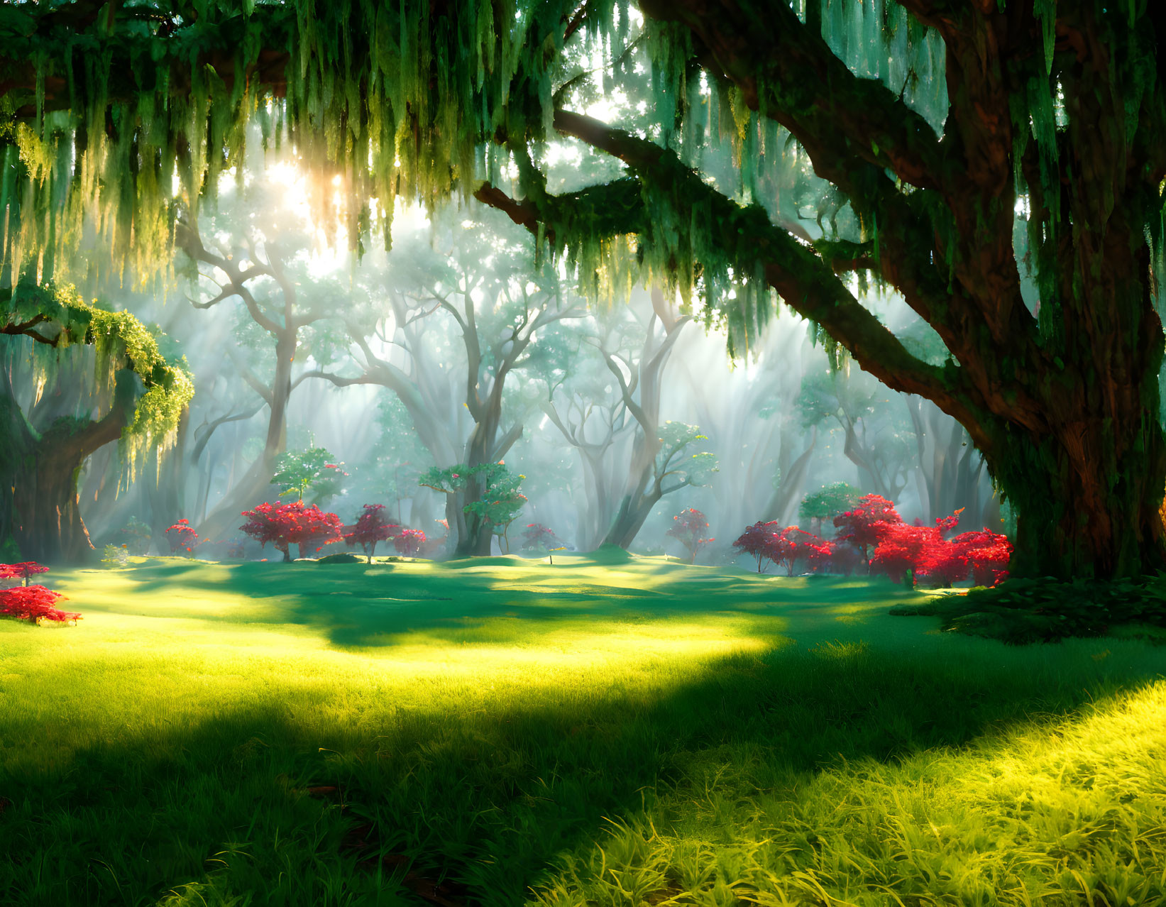 Enchanted forest with hanging moss, dense trees, and red flowers