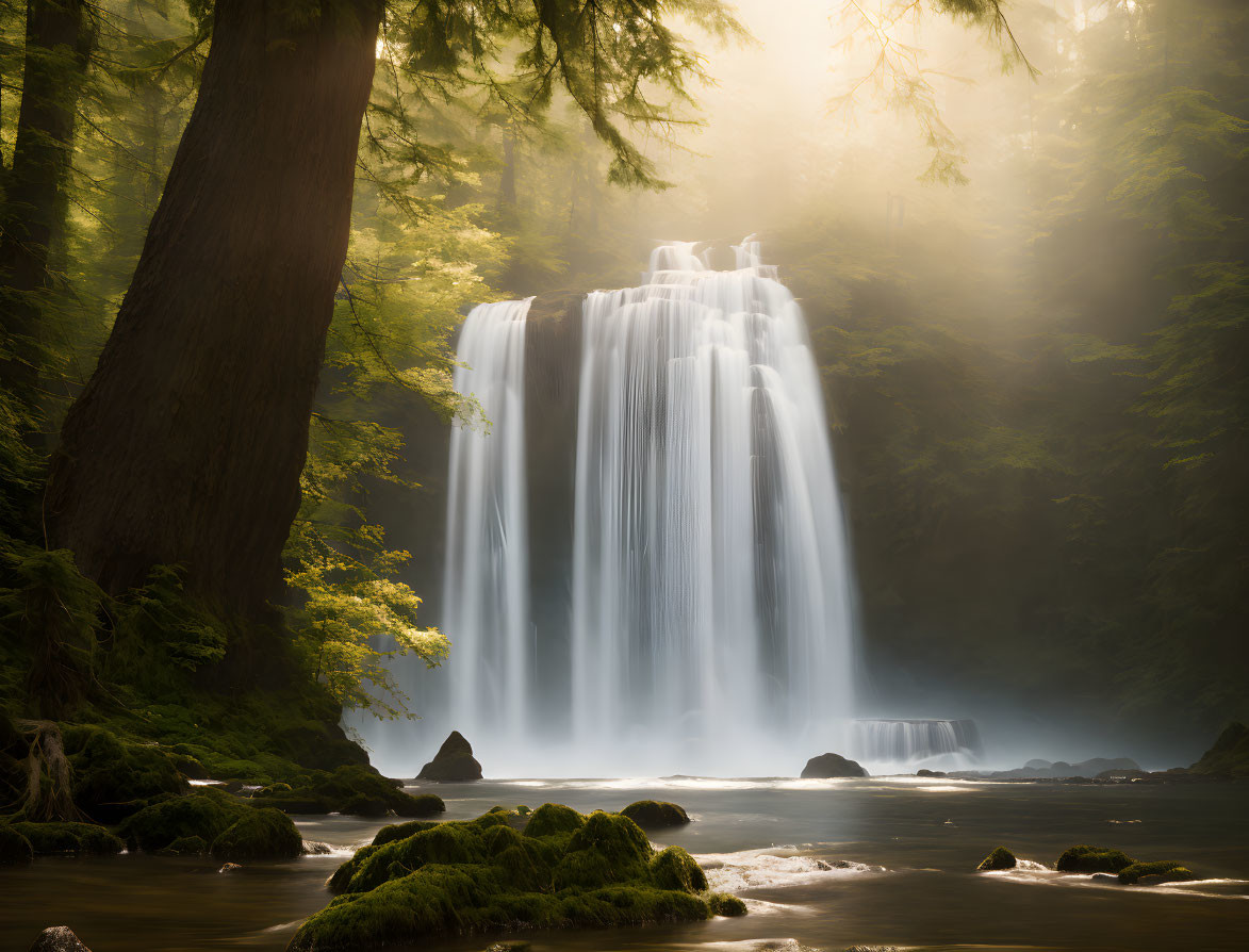 Scenic waterfall in misty forest with sunbeams and flowing river