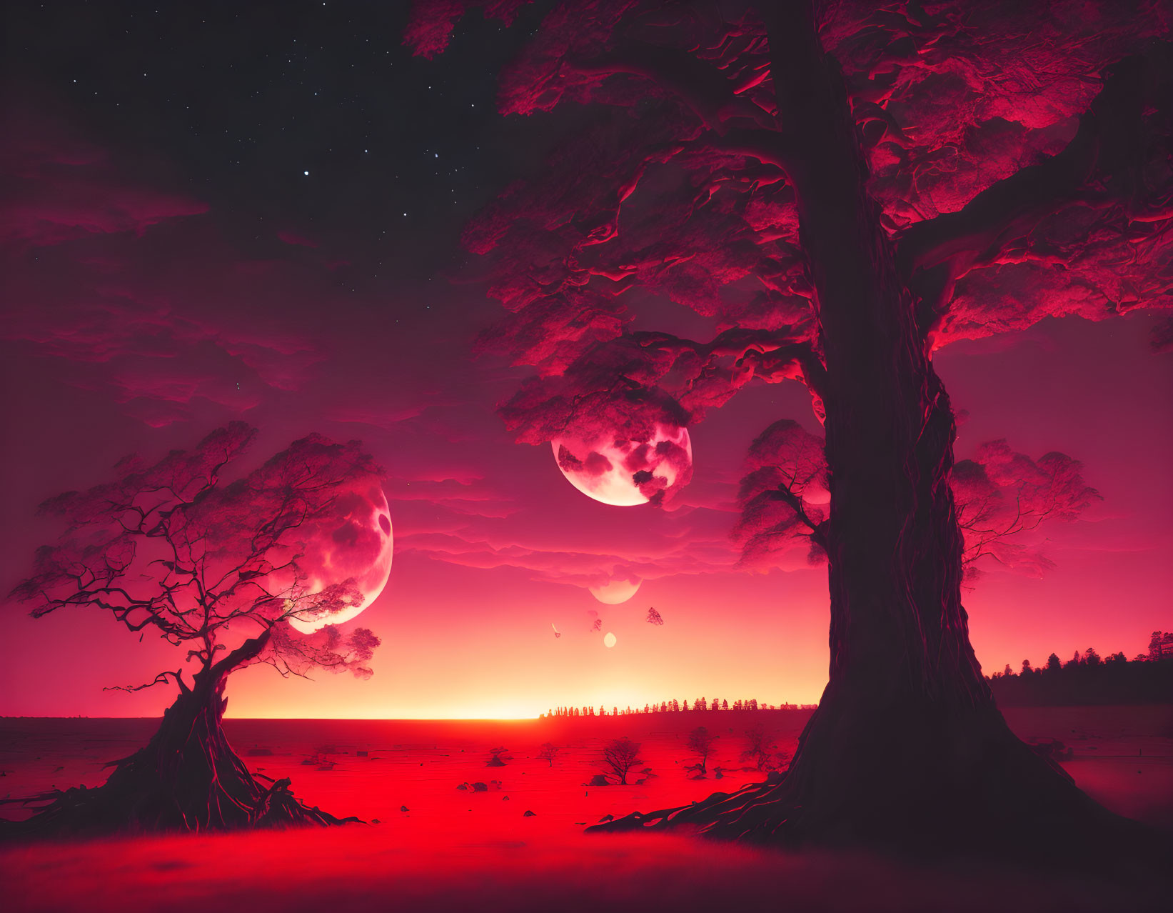 Surreal landscape with two large trees, red ground, and two moons.